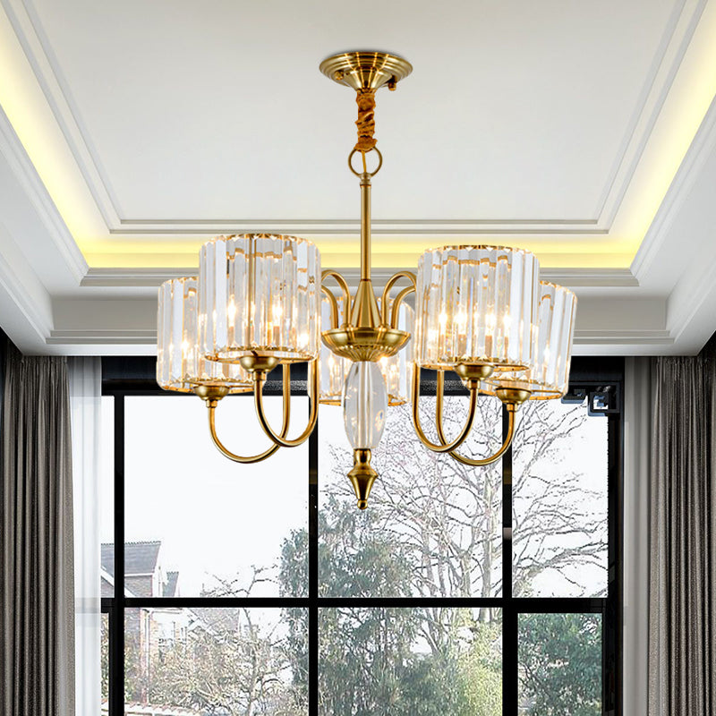 5-Bulb Gold Modern Pendulum Chandelier with Crystal Block Drum Shade - Perfect for Dining Room Ceiling Lighting