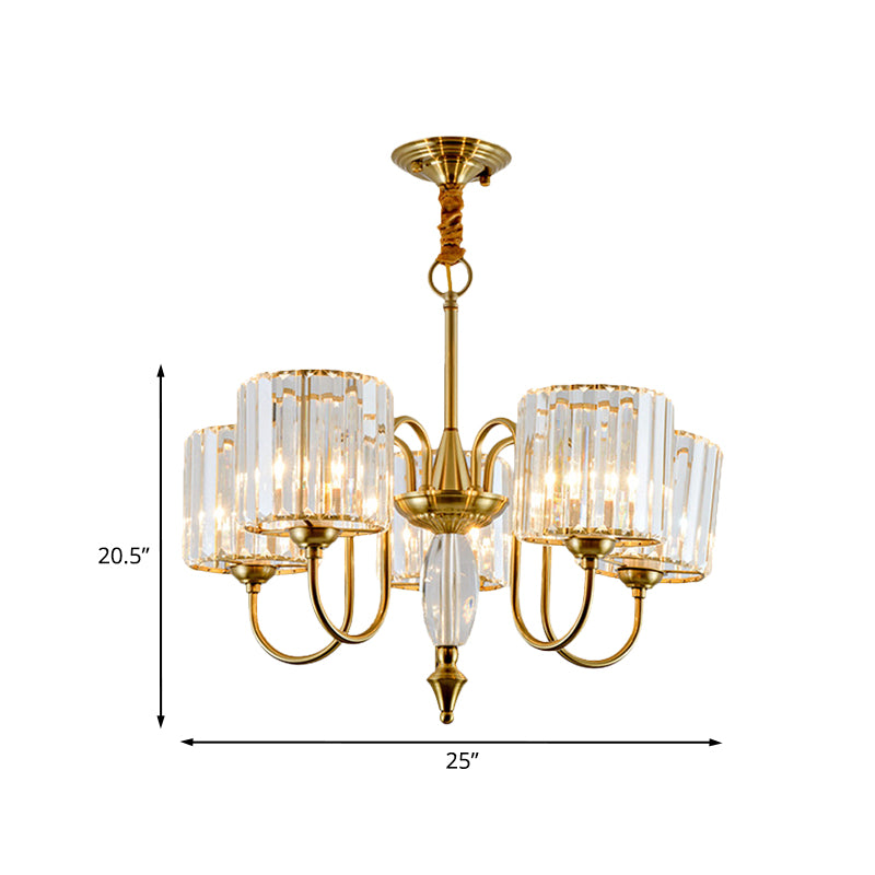 5-Bulb Gold Modern Pendulum Chandelier with Crystal Block Drum Shade - Perfect for Dining Room Ceiling Lighting