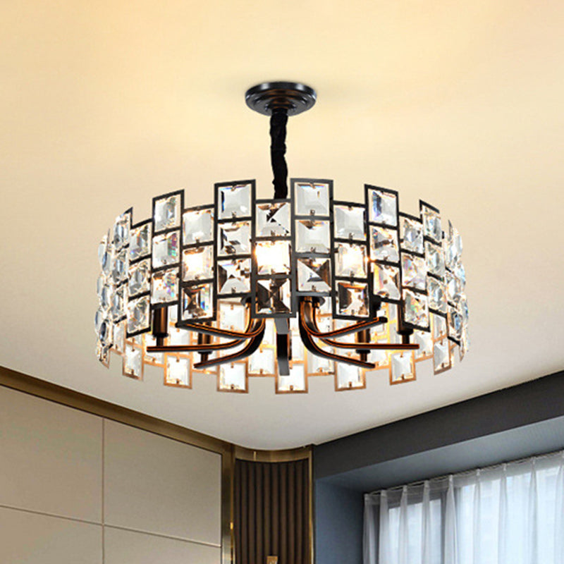 Modern Round Pendant Lighting With 8 Crystal Block Embedded Lights - Black Chandelier Lamp