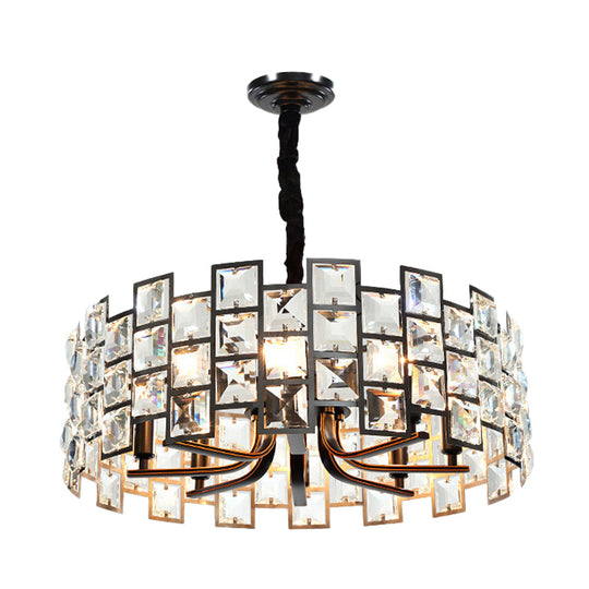 Modern Round Pendant Lighting With 8 Crystal Block Embedded Lights - Black Chandelier Lamp