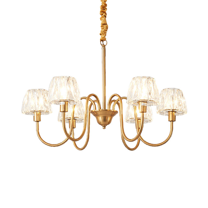 Gold Finish Conical Chandelier With Crystal Pendulum And Gooseneck Arm (3/6 Bulbs)