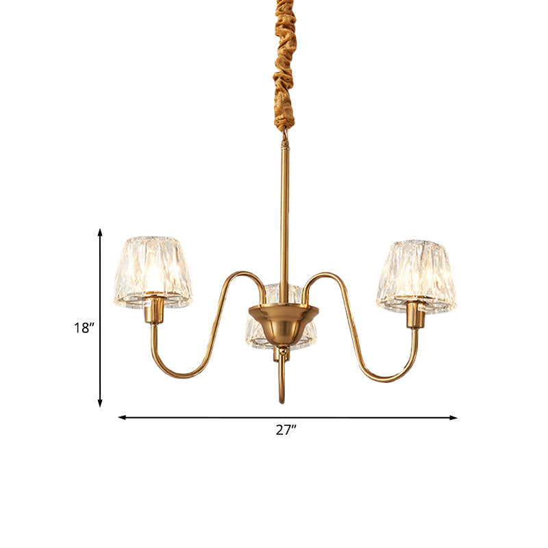 Gold Finish Conical Chandelier With Crystal Pendulum And Gooseneck Arm (3/6 Bulbs)