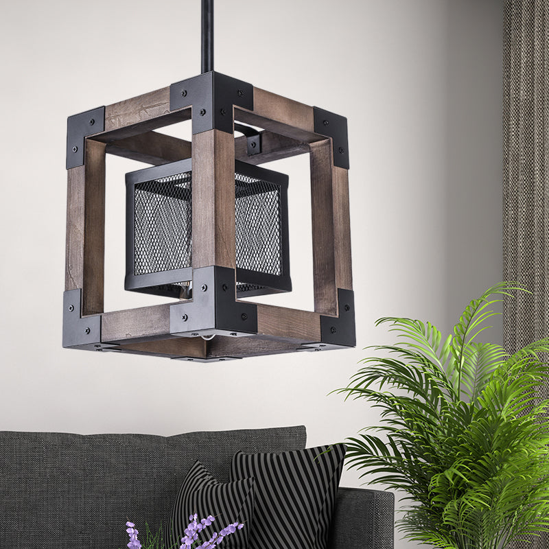 Industrial Brown Wire Mesh Pendant Light With Metal Frame And Square Shade: Ideal Hanging Lamp For