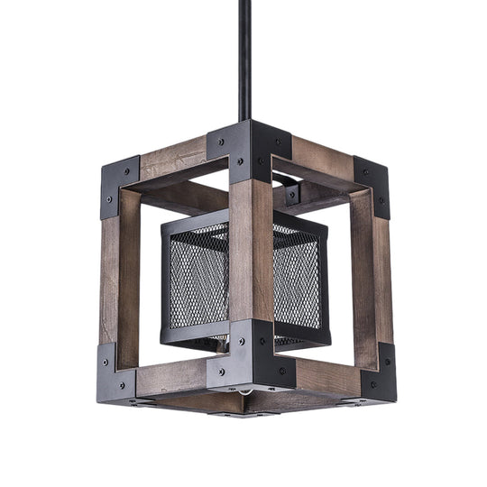 Industrial Brown Wire Mesh Pendant Light With Metal Frame And Square Shade: Ideal Hanging Lamp For