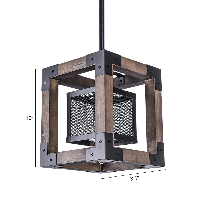 Industrial Brown Wire Mesh Pendant Light With Metal Frame And Square Shade: Ideal Hanging Lamp For