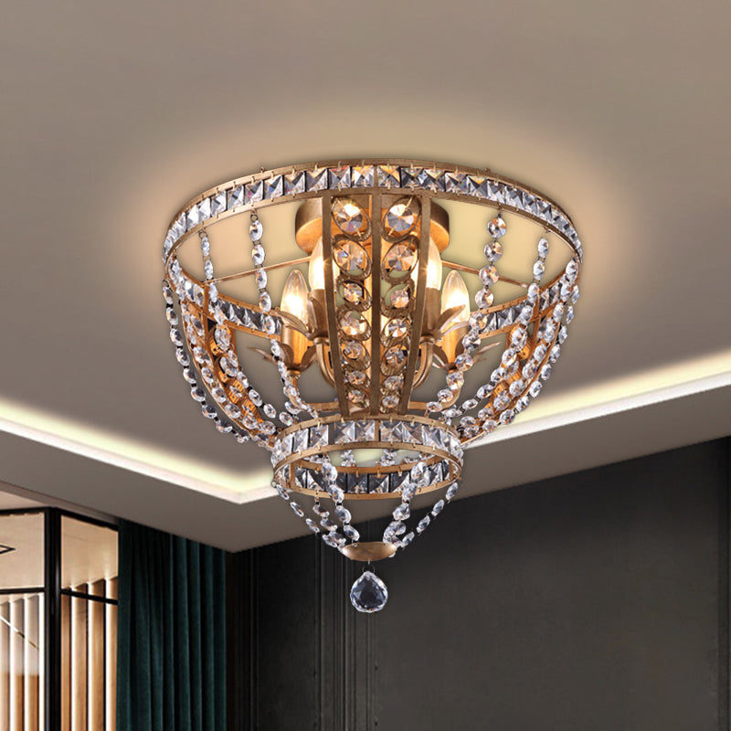 Golden Flushmount Light with 5 Crystal Swag Heads - Farmhouse Bowl Frame Ceiling Fixture