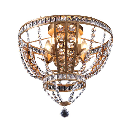 Golden Flushmount Light with 5 Crystal Swag Heads - Farmhouse Bowl Frame Ceiling Fixture