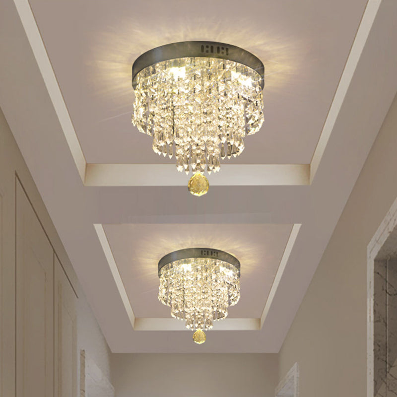 Modern Chrome LED Crystal Flush Mount Fixture with Cascading Corridor Lighting