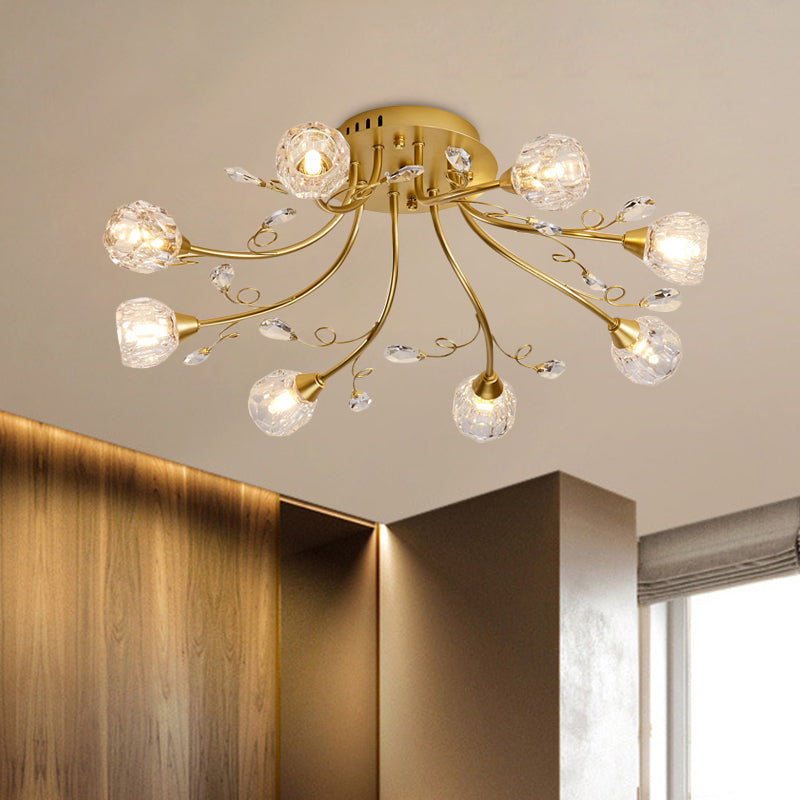 Modernist 8-Light Gold Crystal Globe Semi-Flush Lighting: LED Restaurant Ceiling Lamp