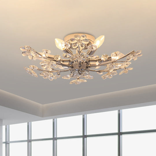 Modern Chrome Finish Semi Flush Mount with 6 Lights & Flower Crystal Accents