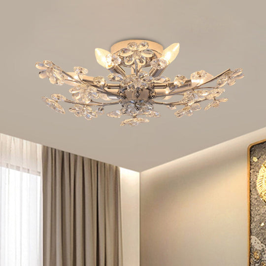 Modern Chrome Finish Semi Flush Mount with 6 Lights & Flower Crystal Accents