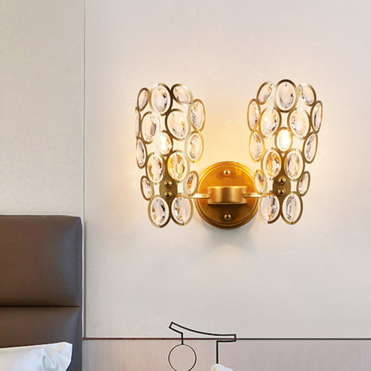 Modern 2-Bulb Crystal Wall Lamp With Gold Finish For Bedside