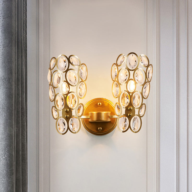 Modern 2-Bulb Crystal Wall Lamp With Gold Finish For Bedside