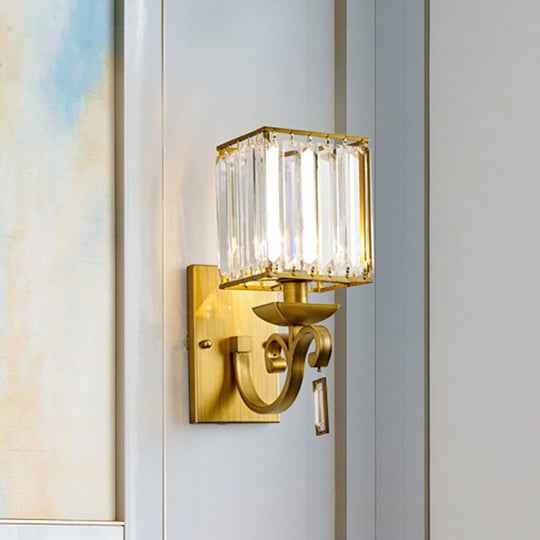 Modern Cuboid Wall Light Sconce With Crystal Block 1-Bulb Brass Fixture