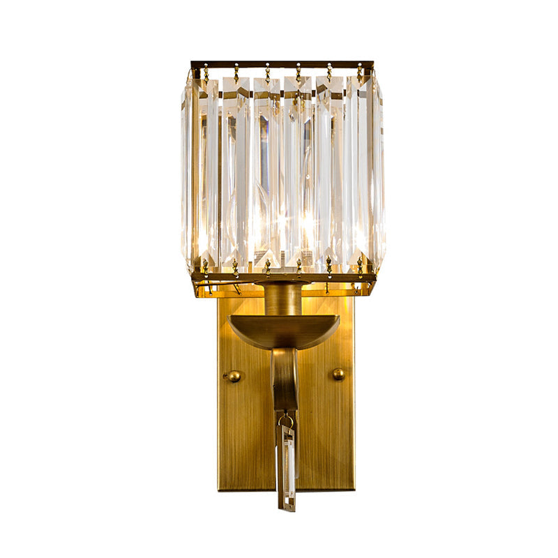 Modern Cuboid Wall Light Sconce With Crystal Block 1-Bulb Brass Fixture