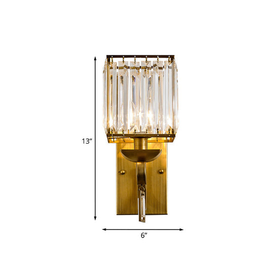 Modern Cuboid Wall Light Sconce With Crystal Block 1-Bulb Brass Fixture