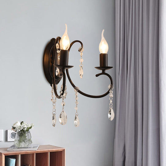 Country Black Metal Wall Lamp With Crystal Accents - 2 Head Candle-Style Fixture For Corridors