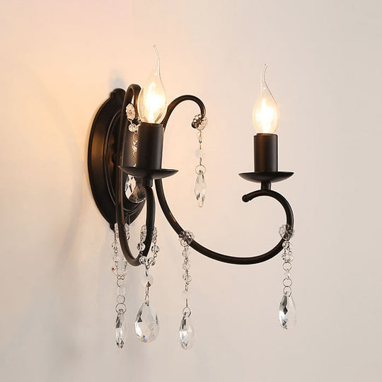 Country Black Metal Wall Lamp With Crystal Accents - 2 Head Candle-Style Fixture For Corridors