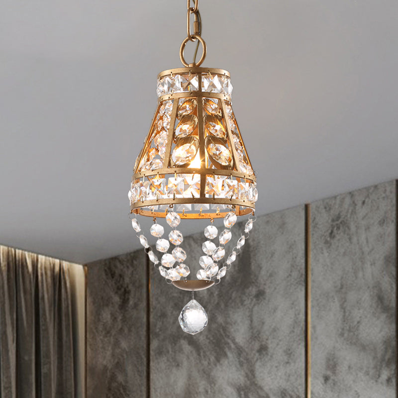 1-Head Gold Finish Pendant Light With Faceted Crystal Design - Ideal For Restaurant Lighting