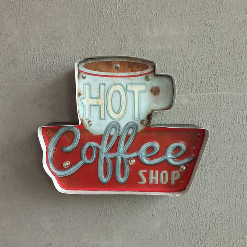 Vintage Led Wall Mounted Light: Red Coffee Cup/White Milk Bottle Signage Night Lamp With Iron Shade