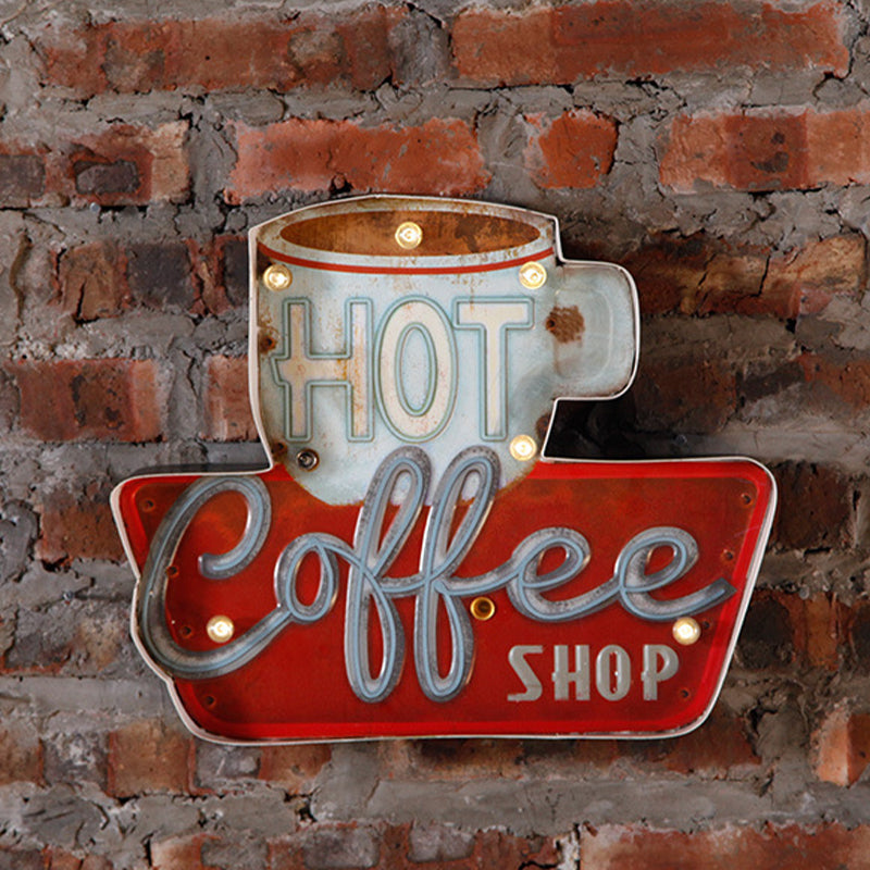 Vintage Led Wall Mounted Light: Red Coffee Cup/White Milk Bottle Signage Night Lamp With Iron Shade