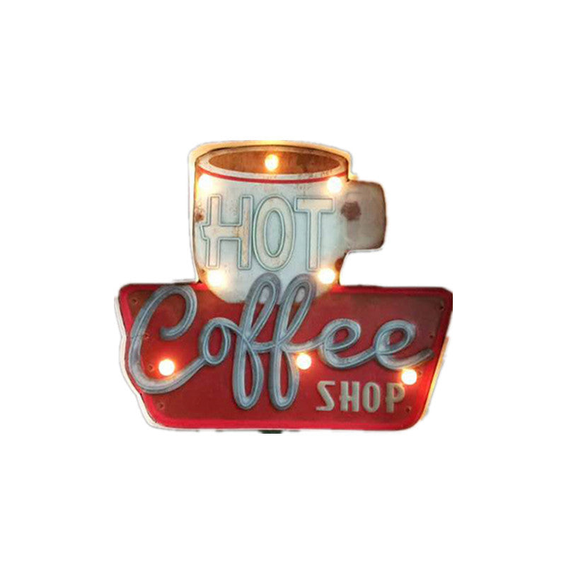 Vintage Led Wall Mounted Light: Red Coffee Cup/White Milk Bottle Signage Night Lamp With Iron Shade