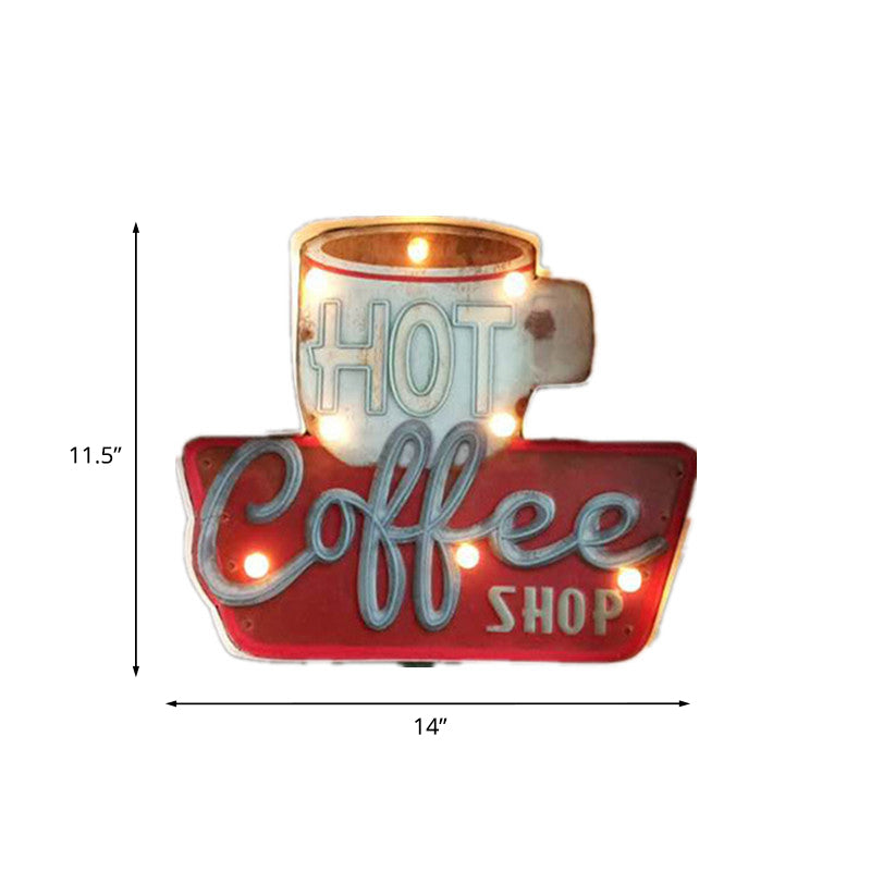 Vintage Led Wall Mounted Light: Red Coffee Cup/White Milk Bottle Signage Night Lamp With Iron Shade