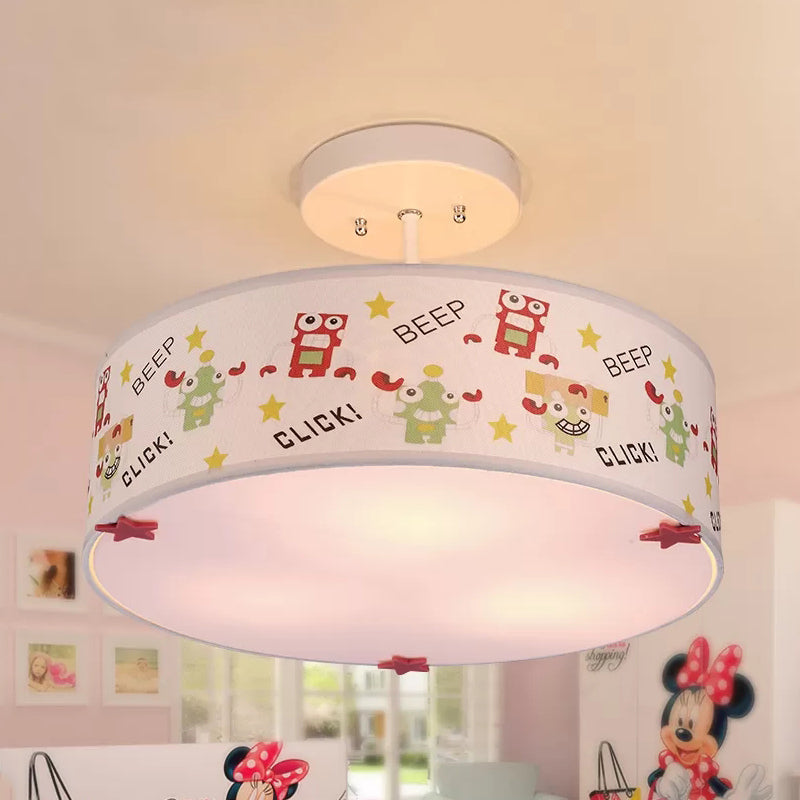 3-Light Robot Cartoon Drum Semi Flush Mount Ceiling Light for Baby Room