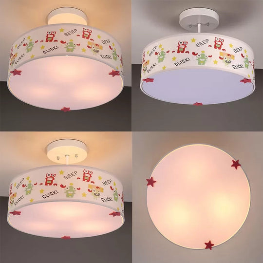 3-Light Robot Cartoon Drum Semi Flush Mount Ceiling Light for Baby Room