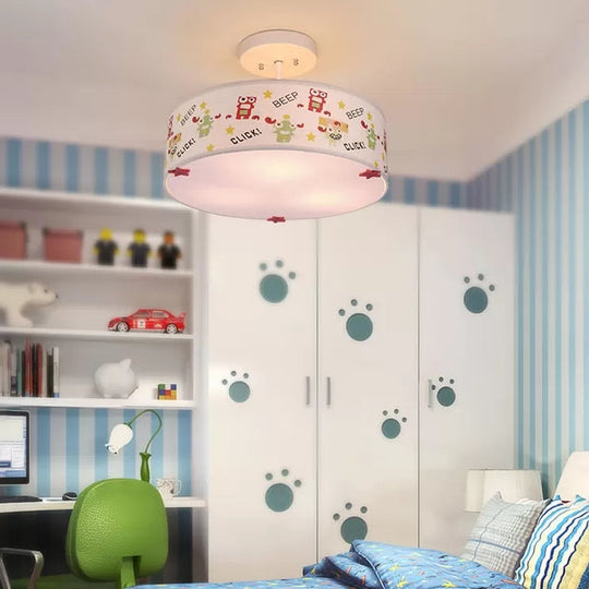 3-Light Robot Cartoon Drum Semi Flush Mount Ceiling Light for Baby Room