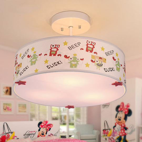 3-Light Robot Cartoon Drum Semi Flush Mount Ceiling Light For Baby Room White