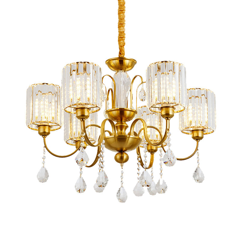 Modern Crystal Block 6-Light Cylinder Pendant Chandelier with Gold Finish - Ideal for Living Room Suspension Lighting