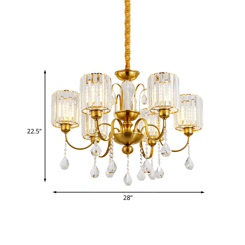 Modern Gold Finish Cylinder Pendant Chandelier With Crystal Block - 6 Heads Suspension Light For