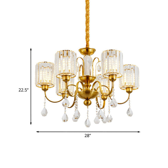 Modern Gold Finish Cylinder Pendant Chandelier With Crystal Block - 6 Heads Suspension Light For