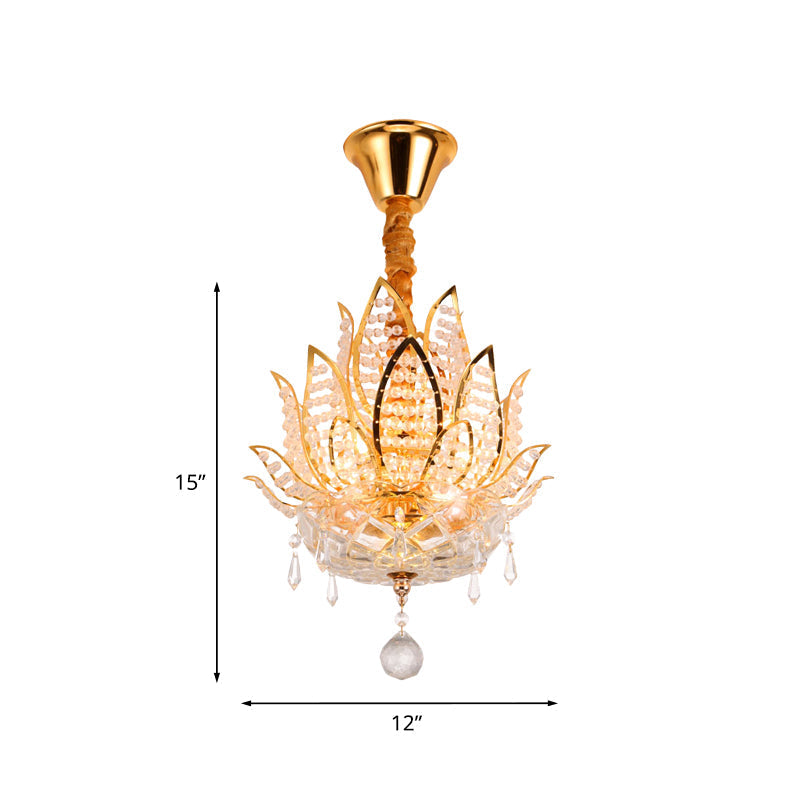 Lotus Flush Mount Lamp - 3-Light Crystal Ceiling Light In Gold