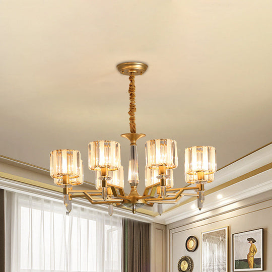 Gold Prismatic Crystal Chandelier - Postmodern Cylinder Design with 8 Heads - Living Room Suspended Lighting Fixture