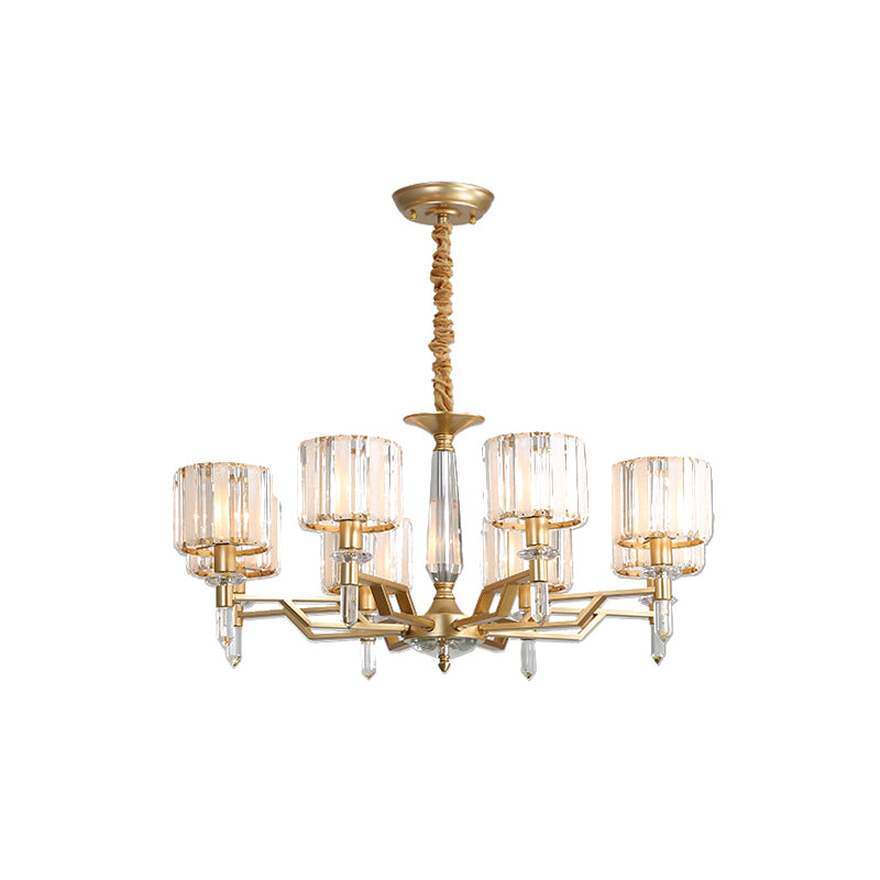 Gold Prismatic Crystal Chandelier - Postmodern Cylinder Design with 8 Heads - Living Room Suspended Lighting Fixture