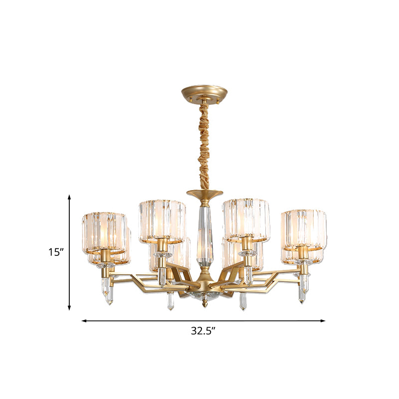 Gold Prismatic Crystal Chandelier - Postmodern Cylinder Design with 8 Heads - Living Room Suspended Lighting Fixture