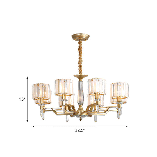 Modern 8-Light Gold Chandelier With Prismatic Crystal Cylinder Shades For Living Room Suspension