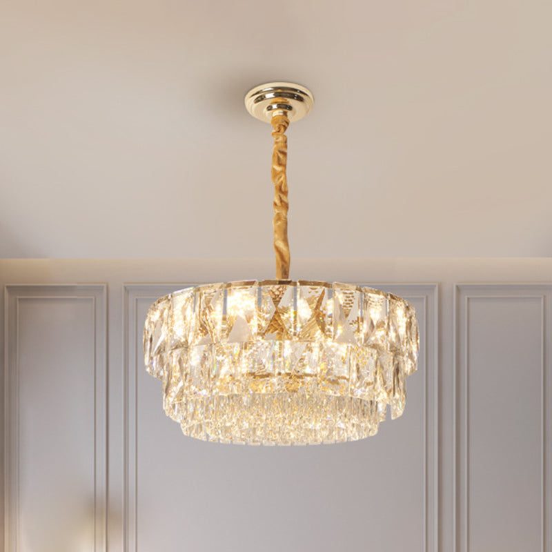 Simple Gold 10-Light Drum Chandelier With K9 Crystal - Ceiling Suspension Lamp