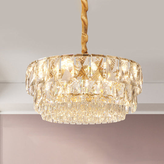 Simple Gold 10-Light Drum Chandelier With K9 Crystal - Ceiling Suspension Lamp