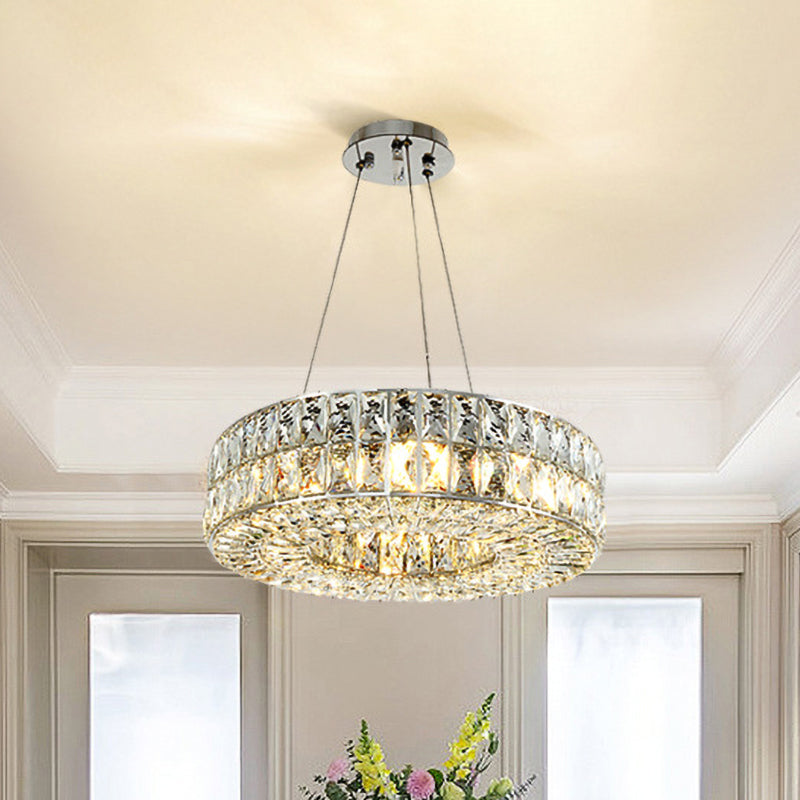 Minimalist Chrome Chandelier with Beveled Crystal Prisms - Circle Design, 8-Bulb Pendant Light for Dining Room