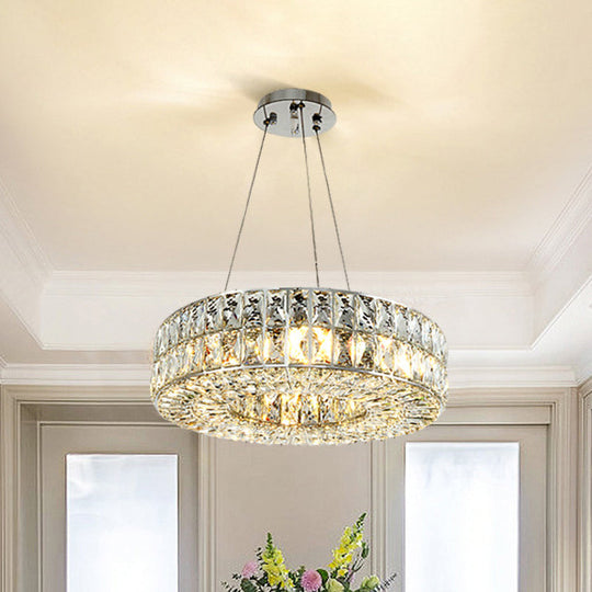 Minimalist Chrome Chandelier with Beveled Crystal Prisms - Circle Design, 8-Bulb Pendant Light for Dining Room