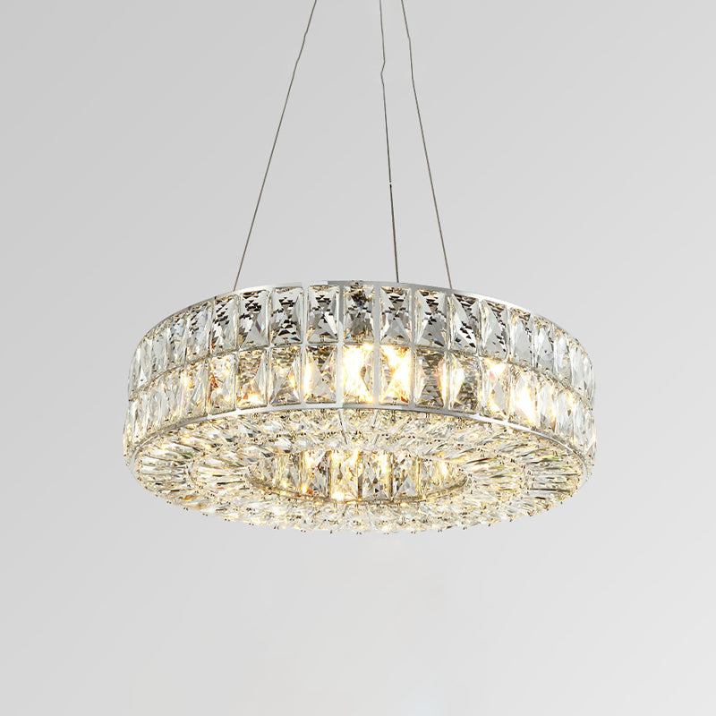 Minimalist Chrome Chandelier with Beveled Crystal Prisms - Circle Design, 8-Bulb Pendant Light for Dining Room