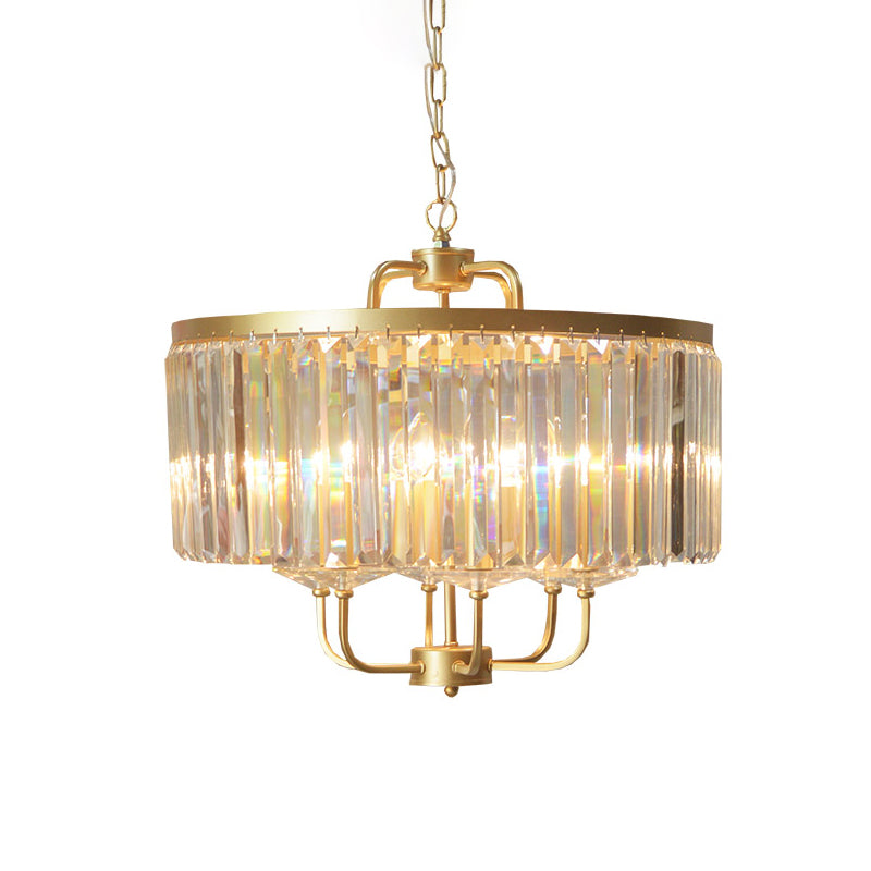 Golden Drum Chandelier with 7 Heads and Tri-Sided Crystal Rods - Modern Hanging Light Fixture