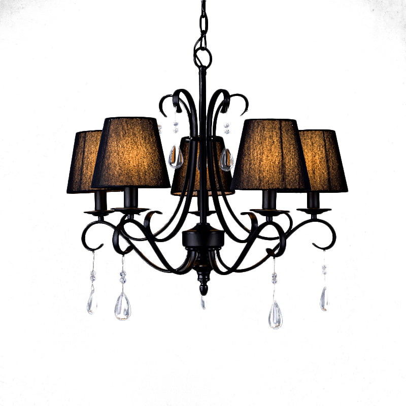 Rustic Black Fabric Suspension Pendant Chandelier With Swirl Arm Crystal Drops - 5 Lights For Living