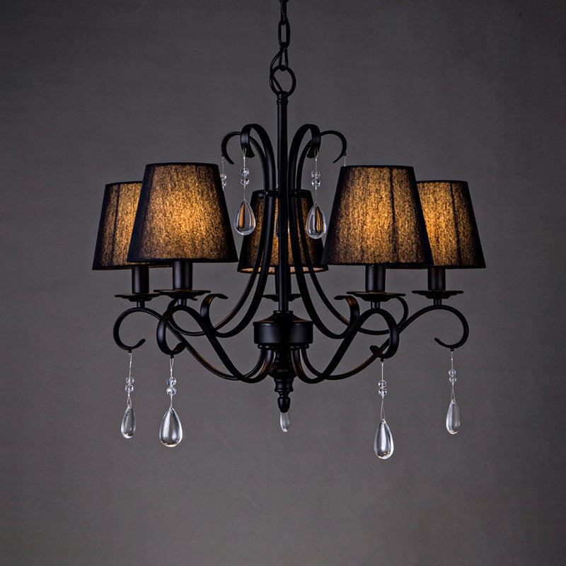 Rustic Black Fabric Suspension Pendant Chandelier With Swirl Arm Crystal Drops - 5 Lights For Living