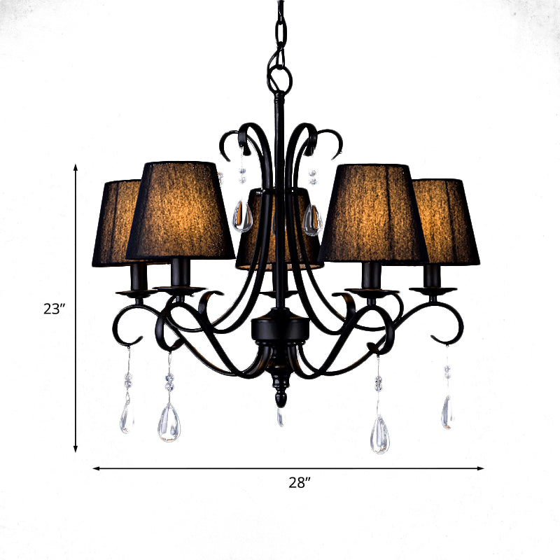 Rustic Black Fabric Suspension Pendant Chandelier With Swirl Arm Crystal Drops - 5 Lights For Living