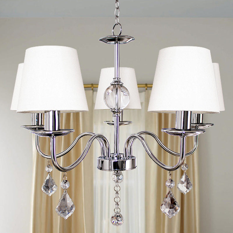 White-Chrome Fabric Cone Chandelier With Crystal Pendeloques - Modern Style 5 Heads