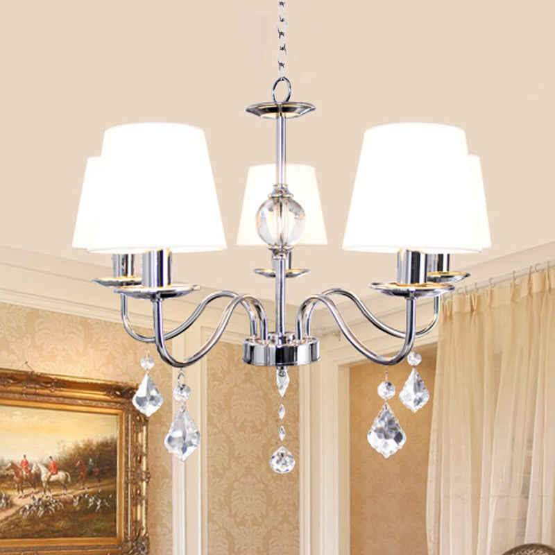 White-Chrome Fabric Cone Chandelier With Crystal Pendeloques - Modern Style 5 Heads